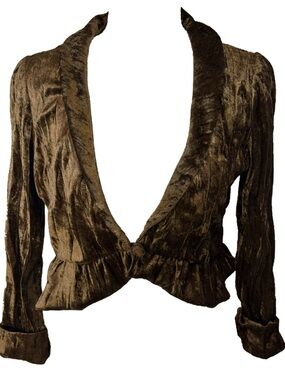Chocolate brown crushed velvet cropped ruffled romantic cardigan Lily White